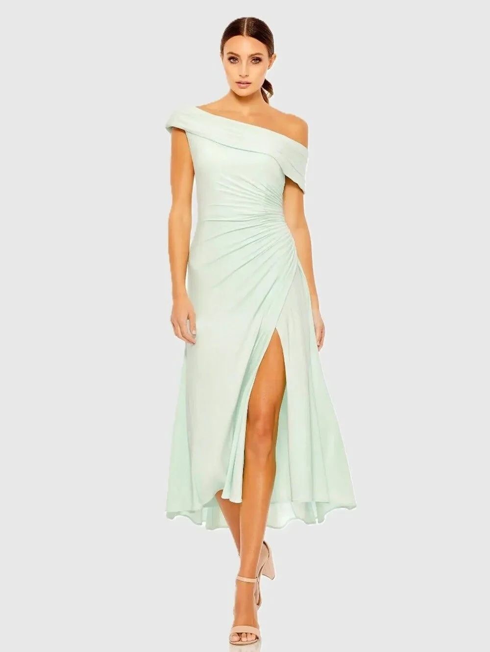 NWT Mac Duggal 26484 Mint Green Ruched Off The Shoulder Midi Dress Size 2